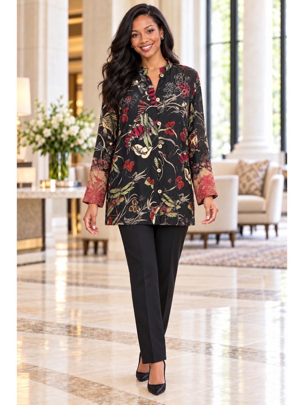 Citron Santa Monica Silk Floral & Dragonfly Button-Up Blouse Womens Large Black